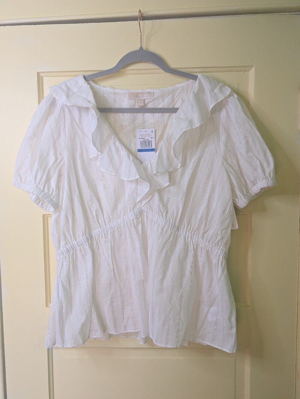 Michael Michael Kors White Metallic Stripe Ruffle Peplum Top NWT XL - Picture 2 of 10